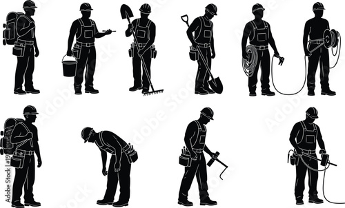 Black Silhouette Vector Collection of Construction and Utility Workers in Hard Hats and Overalls, Holding Tools like Shovels, Hoses, and Equipment, Isolated on a White Background