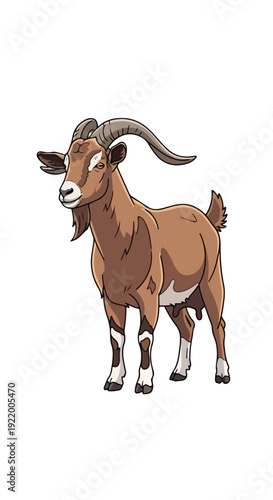 Brown Cartoon Goat with Curved Horns Standing.