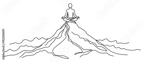 Meditation on mountain peak for mindfulness and spiritual success concept in continuous line art