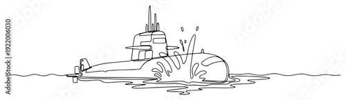 Submarine surfacing from ocean water with splash in continuous line art style