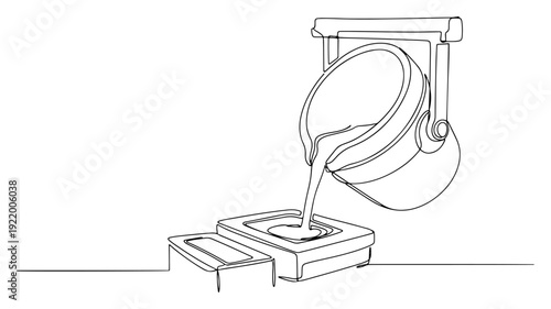 Molten metal pouring into mold in foundry for industrial manufacturing process line art