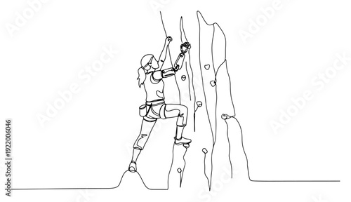 Woman with bionic prosthetic arm rock climbing for disability and empowerment concept