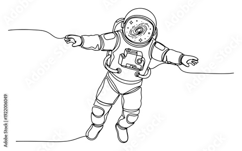 Astronaut floating in outer space with galaxy reflection in visor for science and exploration concept