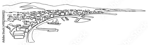 Coastal city skyline panorama with harbor and mountains in continuous line art style