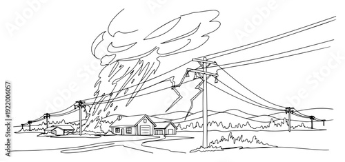 Extreme weather storm with lightning strike and tornado hitting power lines near residential house