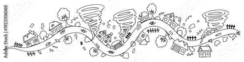 Multiple tornadoes destroying suburban neighborhood along a winding road for disaster concept