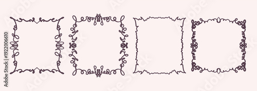 Quirky whimsical hand drawn maroon brown and pink linear doodle frames and borders. Cute round and square squiggle shapes wreath for wedding invitation, birthday cards, vintage squiggly menu design