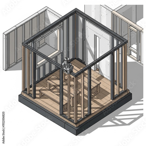 3D rendering of a modern glass enclosed staircase with wooden steps.