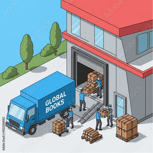 Warehouse workers unloading boxes from a Global Books delivery truck.