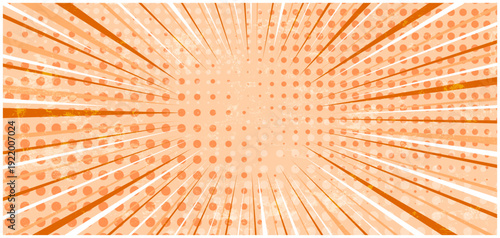 Abstract grunge textured pastel orange striped retro comic background with halftone corners and texture overlay. Cartoon backdrop with stripes and half tone pattern for advertising design, poster