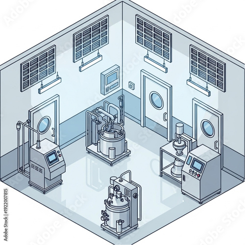 Isometric Laboratory Equipment Room with Various Scientific Instruments.