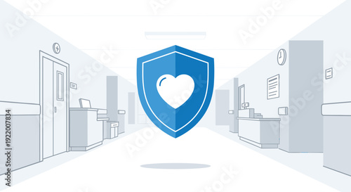 A large blue shield with a prominent white heart icon floats in a bright, clean, and minimalist hospital hallway environment.
