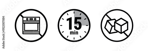 Minimal set of vector recipe icons with cooking time indication (15 minutes), no sugar symbol and no cooking sign in the oven. Clean outline style product labeling for recipes, menus, culinary applica