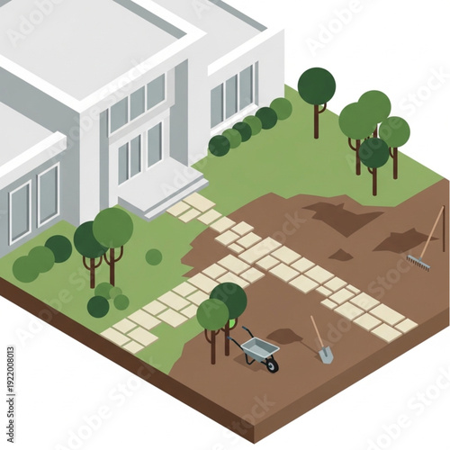 Isometric illustration of a house with a garden under construction.