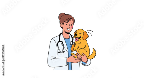 A smiling female veterinarian in a white lab coat with a stethoscope happily holds a cute golden retriever puppy.