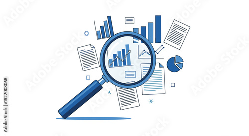 A large blue magnifying glass is centered over various charts, graphs, pie diagrams, and documents on a white background.