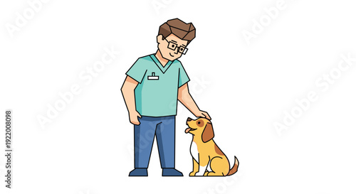 A male veterinarian wearing blue scrubs and glasses gently pets a happy brown and white dog sitting on the ground.