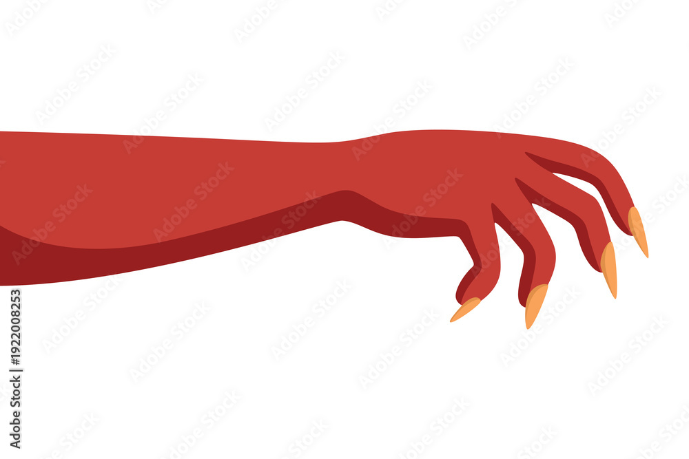 Obraz premium Vector Red Monster Hand with Sharp Claws Illustration. Halloween Horror Creature Arm. Spooky Scary Gesture Isolated. Fantasy Demon Zombie Hand Clipart, Vector Design Element