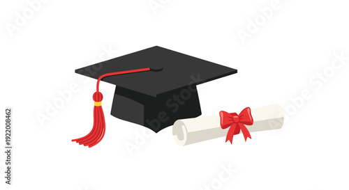 A black academic graduation cap adorned with a vibrant red tassel rests beside a rolled diploma tied with a matching red ribbon.