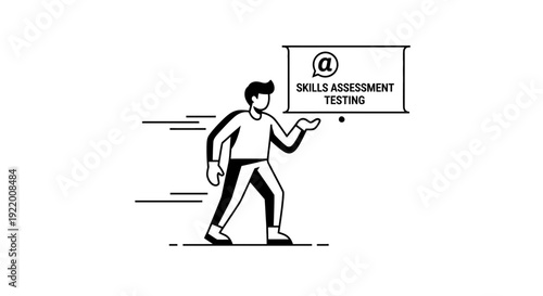 Illustration of a person running with a bubble featuring skills assessment and testing, symbolizing career development and professional growth opportunities