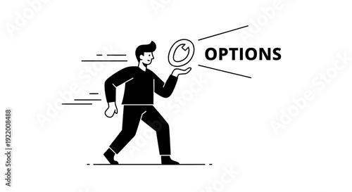 Conceptual illustration of a person contemplating various choices or opportunities, with the word OPTIONS highlighted, representing decision-making and potential pathways