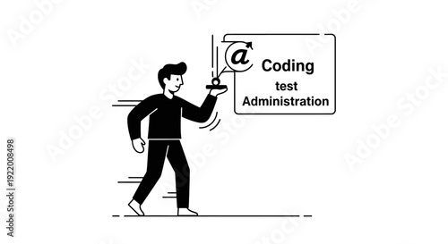 A person is holding a sign with the text 'Coding test Administration' and an '@' symbol, symbolizing the digital nature of the task