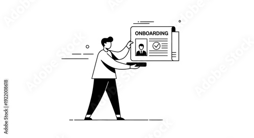 A focused professional presents onboarding documentation and a profile picture, signifying new employee integration and administrative procedures