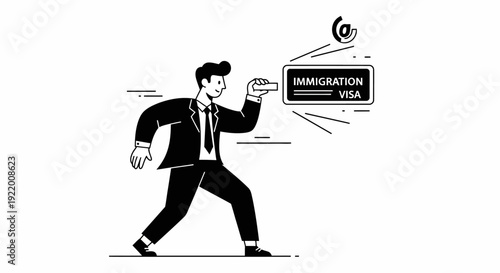 Concept of businessman holding an immigration visa document and looking forward with a magnifying glass into the future opportunities for global migration and career growth