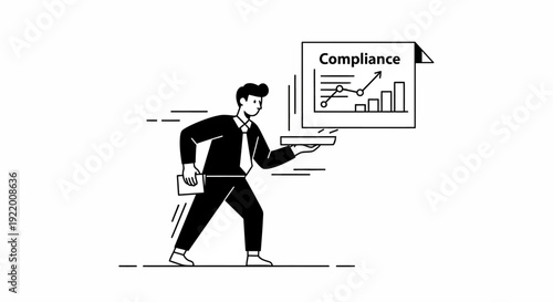 A businessman in a suit carries a tray with a chart labeled "Compliance" showing upward growth, symbolizing successful business growth and regulatory adherence