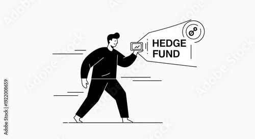 Abstract vector illustration of a man holding a projector displaying 'HEDGE FUND' on a screen with a financial graph, symbolizing investment and growth in the finance industry