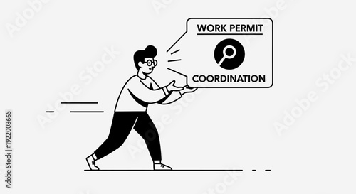 Illustration of a man holding a speech bubble with "work permit" and "coordination" above a logo symbol, suggesting job applications and employment procedures