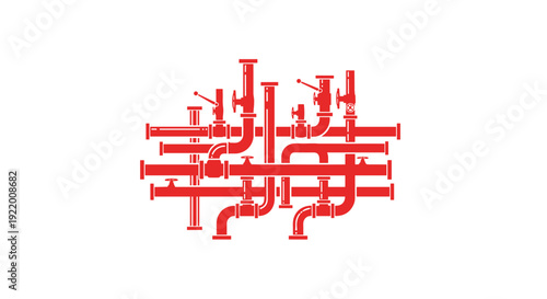 A complex, intricate cluster of interconnected red industrial pipes with various valves and elbows forms a dense network.