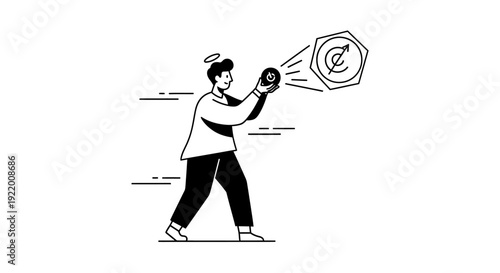 Illustration of a person holding a glowing coin and aiming it towards a crypto symbol, suggesting investment or financial growth