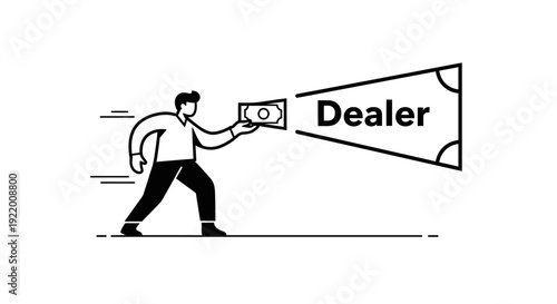 Man holding cash in hand, conveying it to a spotlight labeled 'dealer', symbolizing transaction, payment, and financial exchange opportunities in business or commerce