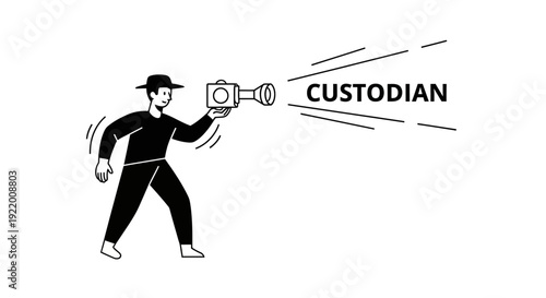 Illustrator depiction of a custodian holding a spotlight, symbolizing the importance of their role in maintaining order and cleanliness within an establishment