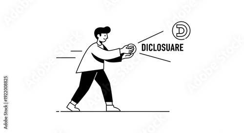 Illustration of a man holding a coin with the word Disclosure on it, representing financial transparency and open communication in business transactions