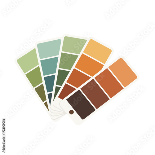 Set of colorful paint swatches arranged in a fan-like fanned out display, showcasing a palette of various hues and shades for interior design inspiration