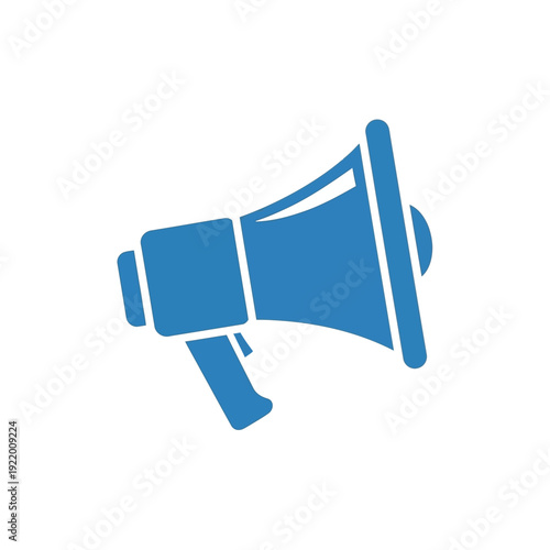 Bold blue megaphone vector graphic symbolizing effective communication, important announcements, marketing promotions, and public speaking engagements