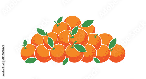 A large cheerful pile of freshly harvested ripe oranges with small green leaves stacked in a low pyramid shape on a white background.