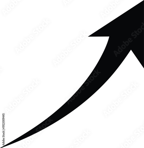 Curved black arrow with a sharp point indicating upward trajectory on a white background