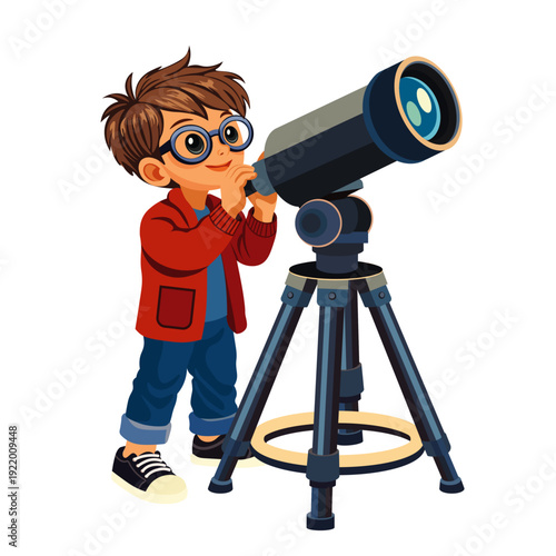 a boy with a telescope for examining stars and planets