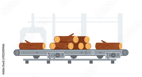 Wooden logs moving steadily along an industrial conveyor belt within a modern sawmill setting, ready for processing on a white background.