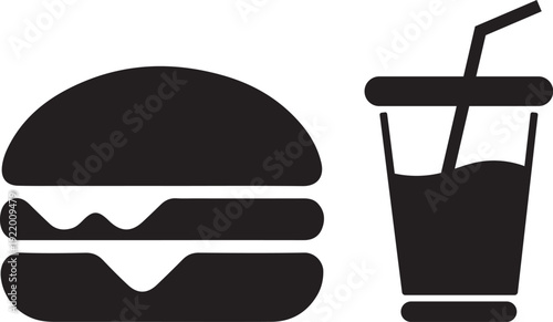 Modern black icons of hamburger and drink with straw