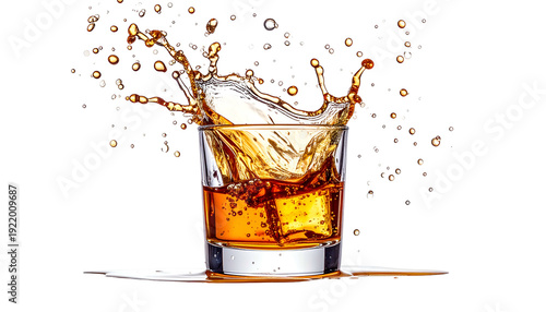 Amber liquid splashing from a rocks glass with ice against black