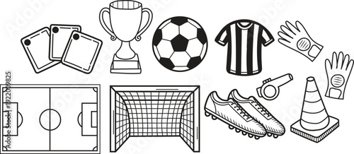 Collection of hand drawn black and white soccer equipment for sports design projects,Vector football illustration set with soccer ball, goal, jersey, boots, gloves, trophy, stadium, medal, and field. 