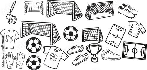 Collection of hand drawn black and white soccer equipment for sports design projects,Vector football illustration set with soccer ball, goal, jersey, boots, gloves, trophy, stadium, medal, and field. 