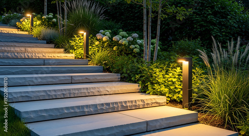 Elegant outdoor stone staircase beautifully lit at dusk, featuring modern garden lights illuminating lush plants and creating a serene, inviting atmosphere in a contemporary landscape design