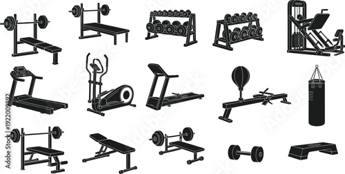 Black and white of various gym equipment and fitness accessories weight bench dumbbells