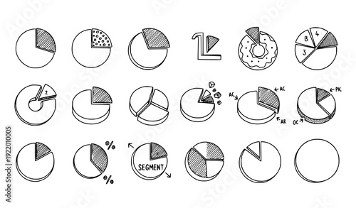 Hand Drawn Pie Chart Icons Vector Set for Data Analysis and Statistics Sketch Collection