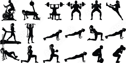 Black silhouettes of people performing various exercises and fitness activities